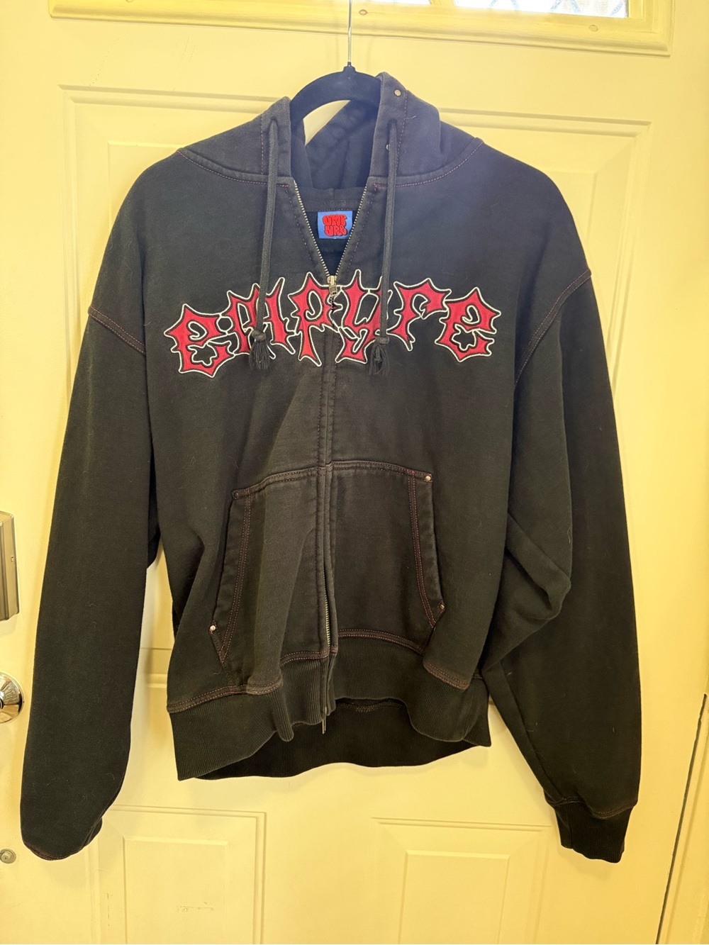 Empyre Black Zip-Up Hoodie with Red Gothic Chest Graphic